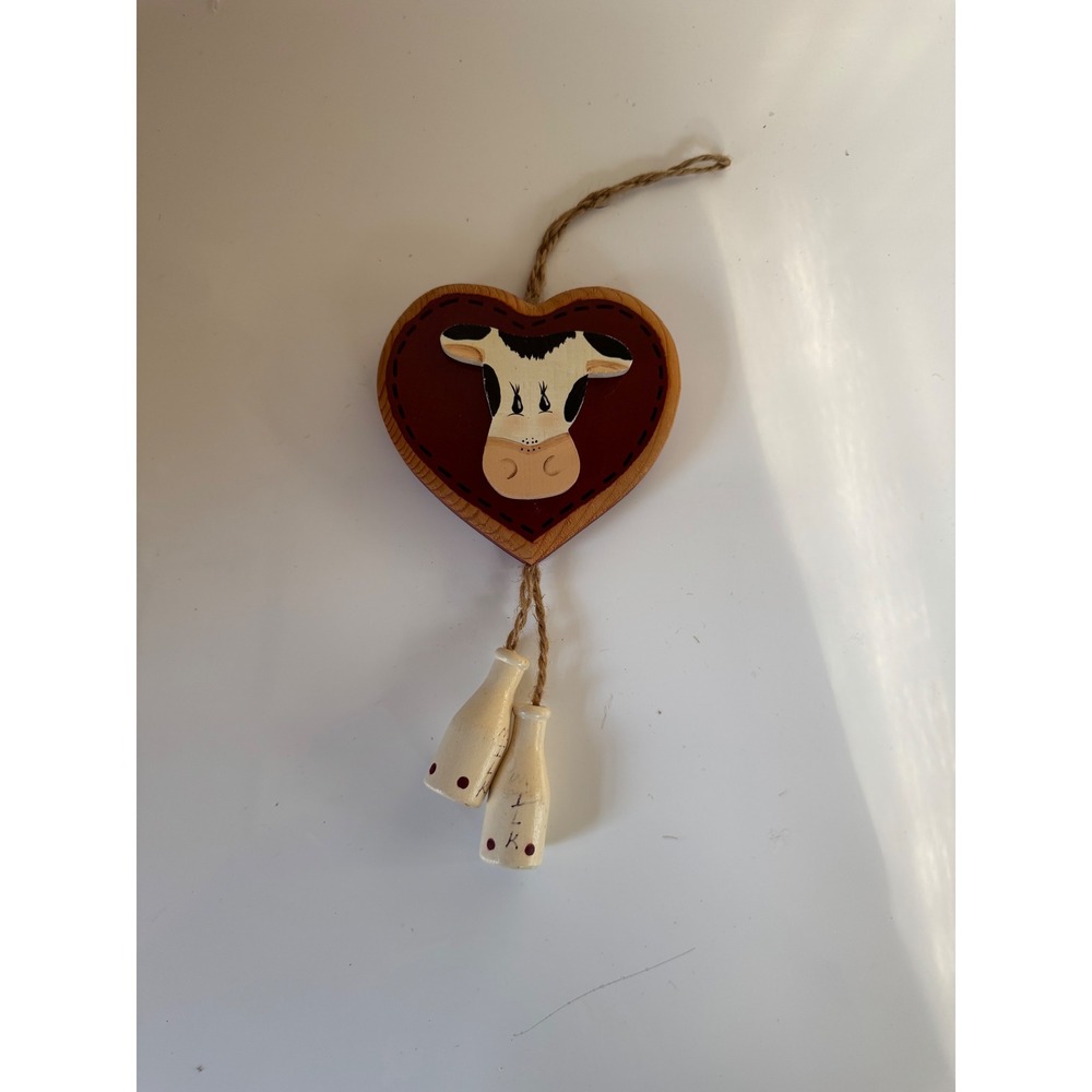 Vintage Hand Painted Wooden Cow Heart Wall Hanging Farmhouse Decor Milk Bottles